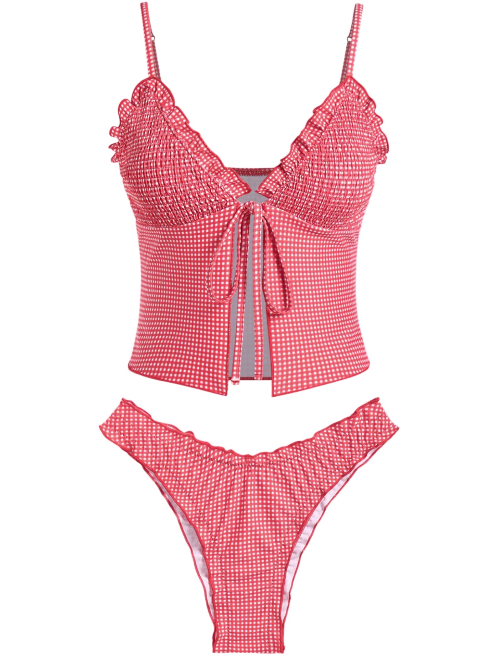 ZAFUL Traje de baño tankini para mujer, con volantes, con lazo frontal, con textura, conjunto de tanga de corte alto