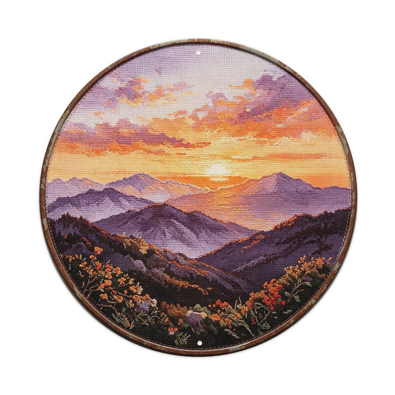 Watercolor Sunset Mountain Embroidery Metal Tin Sign Plaque