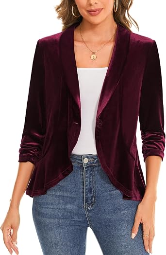 MINTLIMIT Womens Velvet Blazer 3/4 Sleeve Ruffle Tailored Suit Jacket