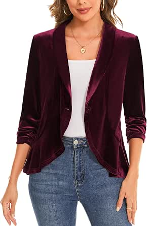 Women's Velvet Blazer 3/4 Sleeve Ruffle Tailored Suit Jacket