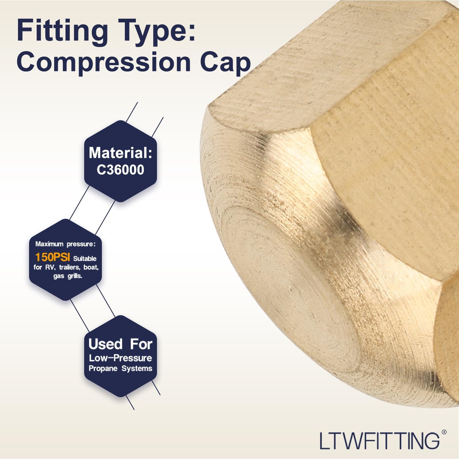 LTWFITTING 5/16-Inch Brass Compression Cap Stop Valve Cap,Brass Compression Fitting(Pack of 10)