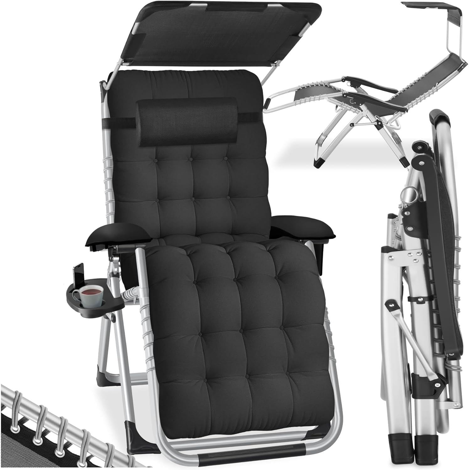 tectake® Sdraio da Giardino, Sdraio Lettino Prendisole Richiudibile con Parasole, Sdraio Mare con Cuscino Poggiatesta, Tessuto Traspirante, Schienale Regolabile, Ripiano Portaoggetti - Nero