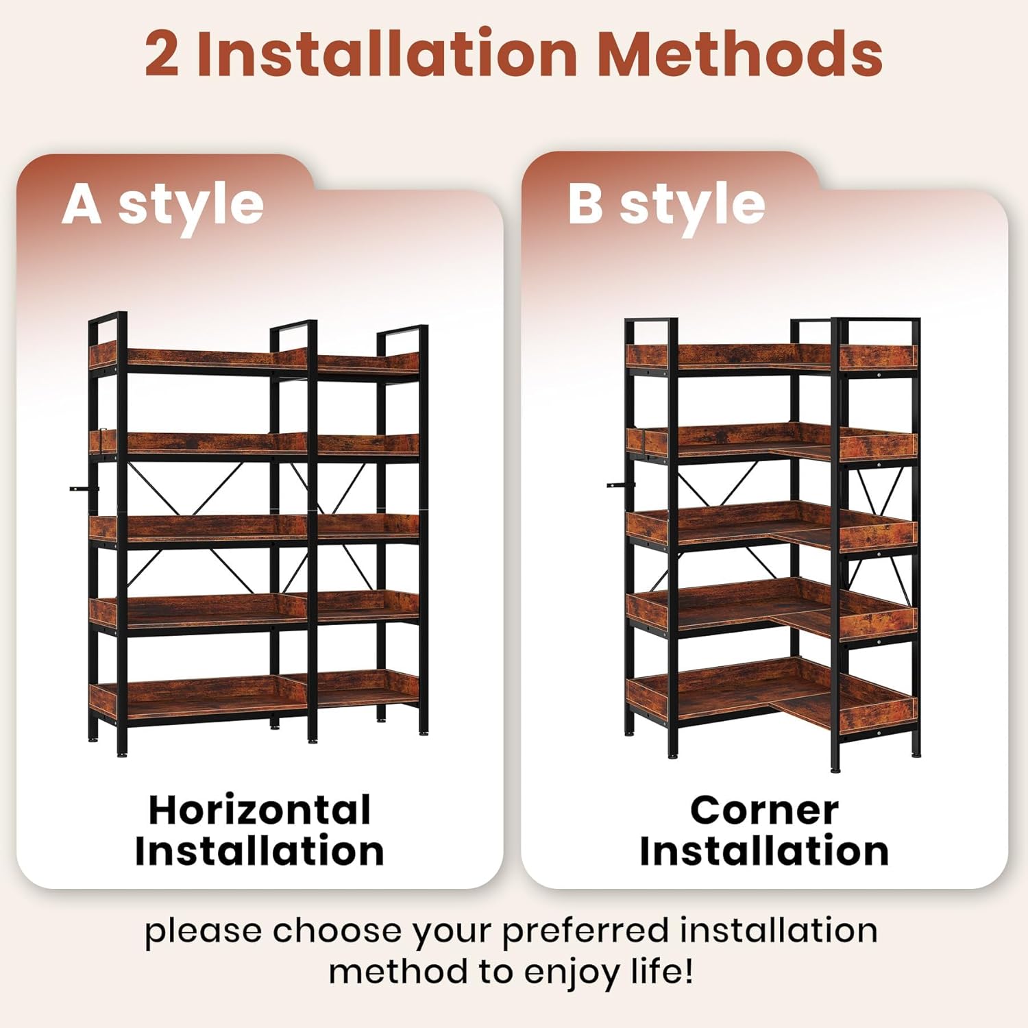 5-Tier Corner Bookshelf, L-Shaped Reversible Bookshelf, 65" Industrial Wooden Bookcase with Open Shelves, Metal Frame Shelf with Adjustable Feet, Corner Storage Rack for Home Office, Rustic Brown