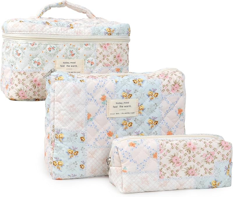 Necessaires de maquiagem acolchoadas YINGJEE com estampa floral rosa e azul, conjunto com 3