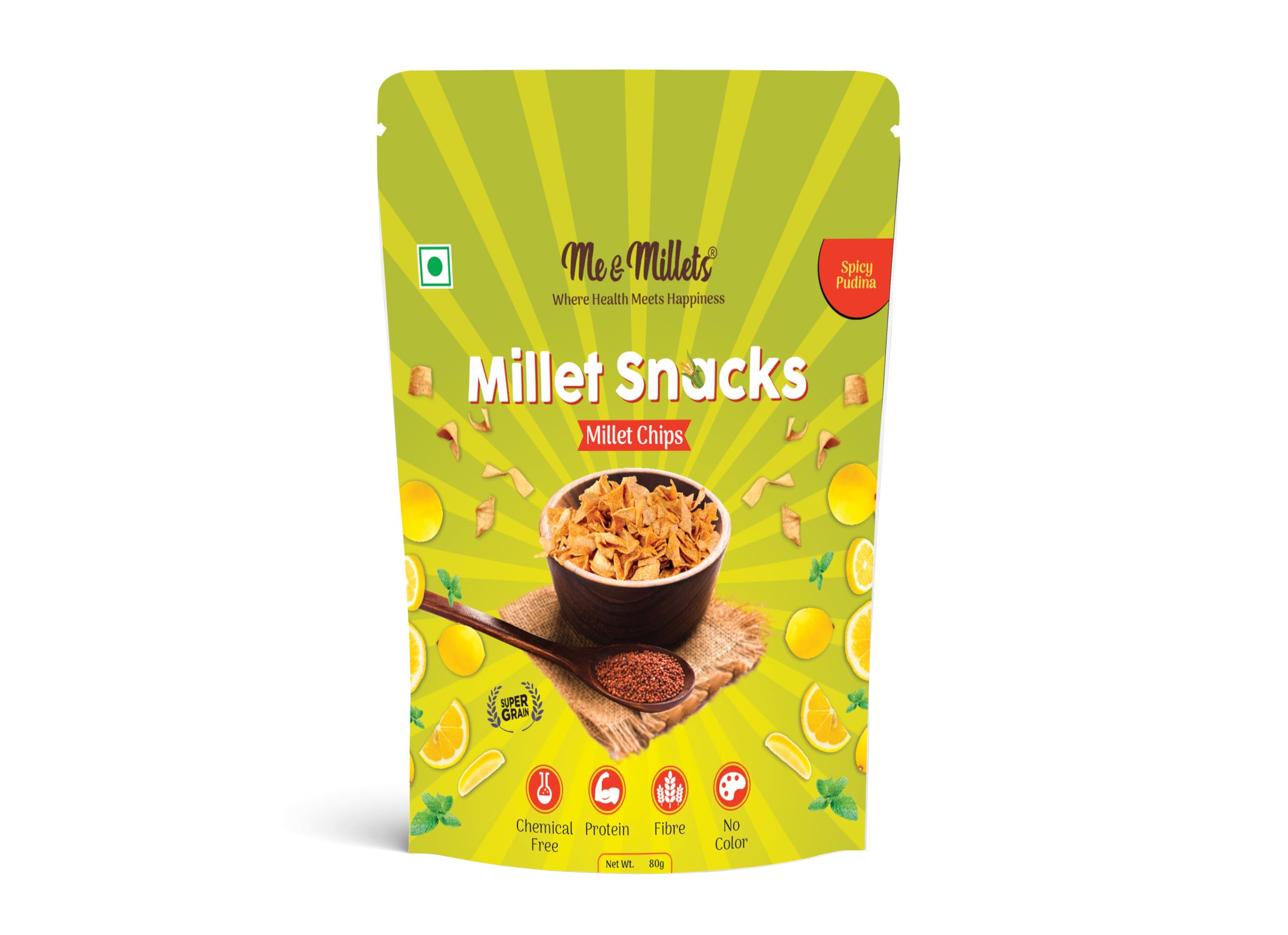 Mee Millets Millet Snacks Chips Spicy Pudina | Crunchy Millet Chips | Ready to Eat Snack | Source of Fibre | No Artificial Colors | Light & Tasty Snack | 80g-image-5