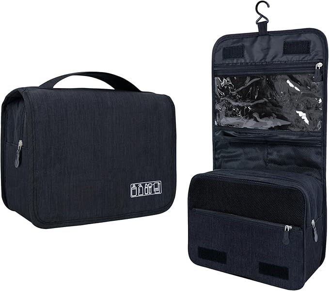 Large Capacity Toiletry Bag Travel Bag with Hanging Hook for Men and Women Waterproof Travel Cosmetic Bag Bathroom Storage Bag for Brushes Set,Full-Sized Shampoo,Toiletries,Accessories-Black