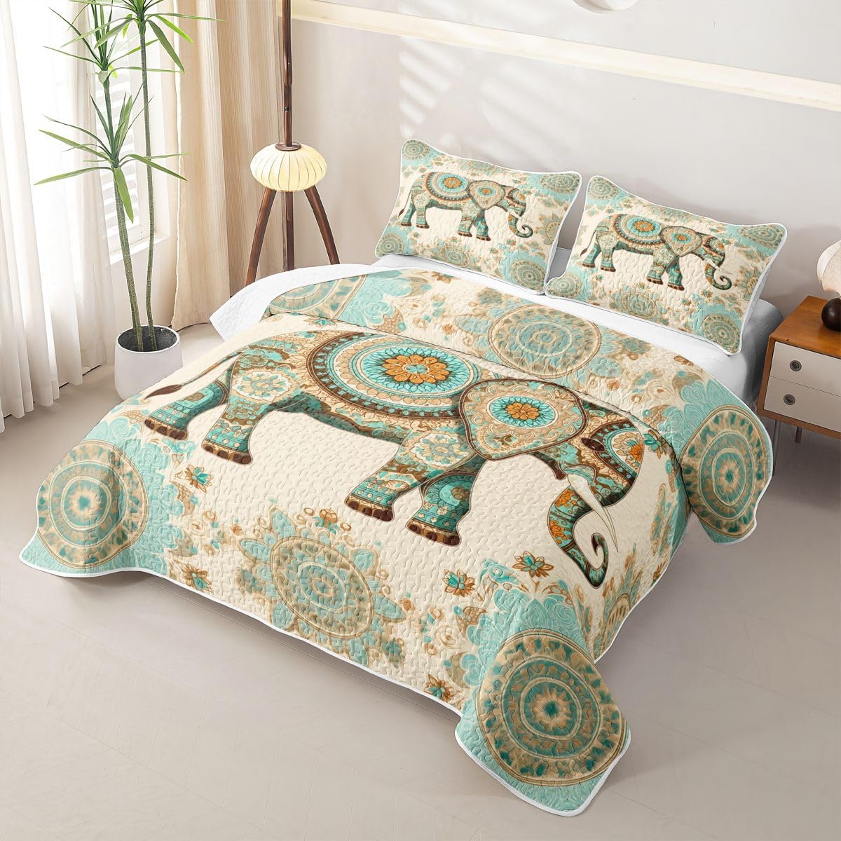 Castle Fairy Traditional Boho Elephant Quilt Set Vintage Circle Ethnic Quilt Bedding Kids Boys Girls Indian Tribal Bed Covers for All Season with 2 Pillow Sham Queen Size Cream Cyan