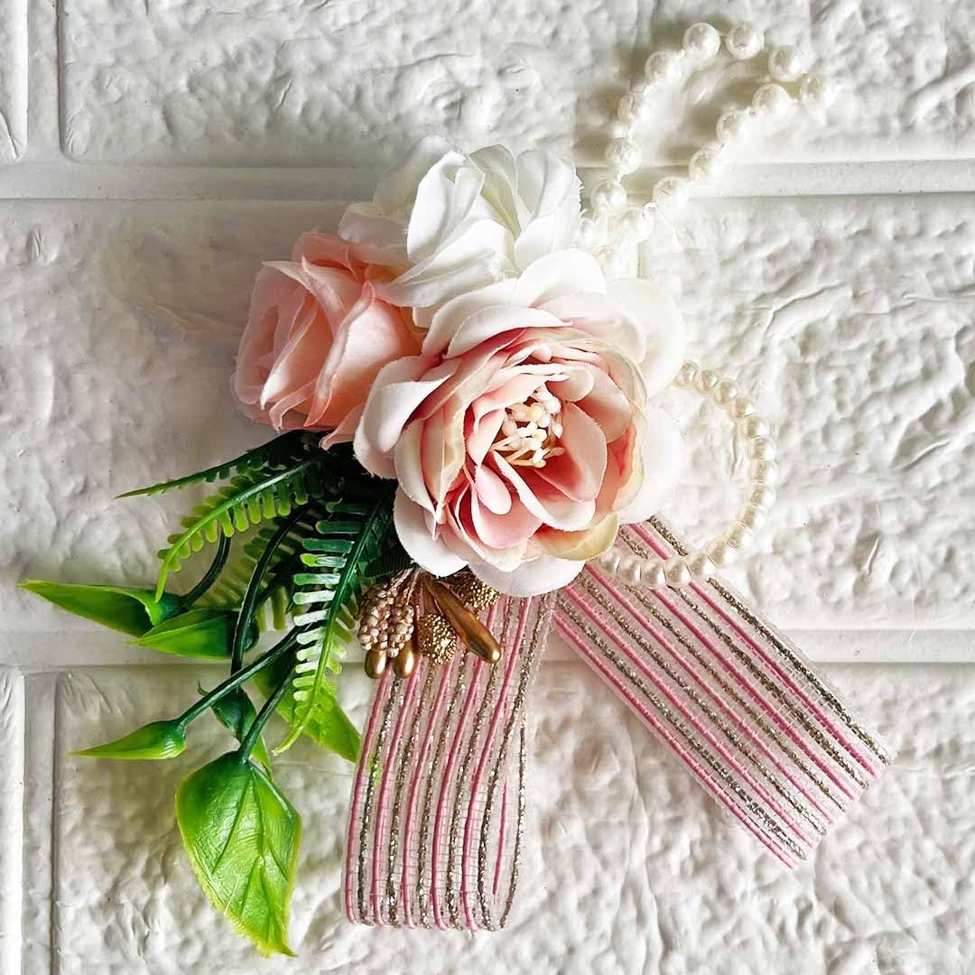 CRAFT SHOP INDIA Artificial Rose Flower Ribbon Leaf Flower Bunch for Hamper, Flower Brooch Hamper for Decoration, Gifting, Trousseau Packing | Flower Bunch (3, Baby Pink) 1