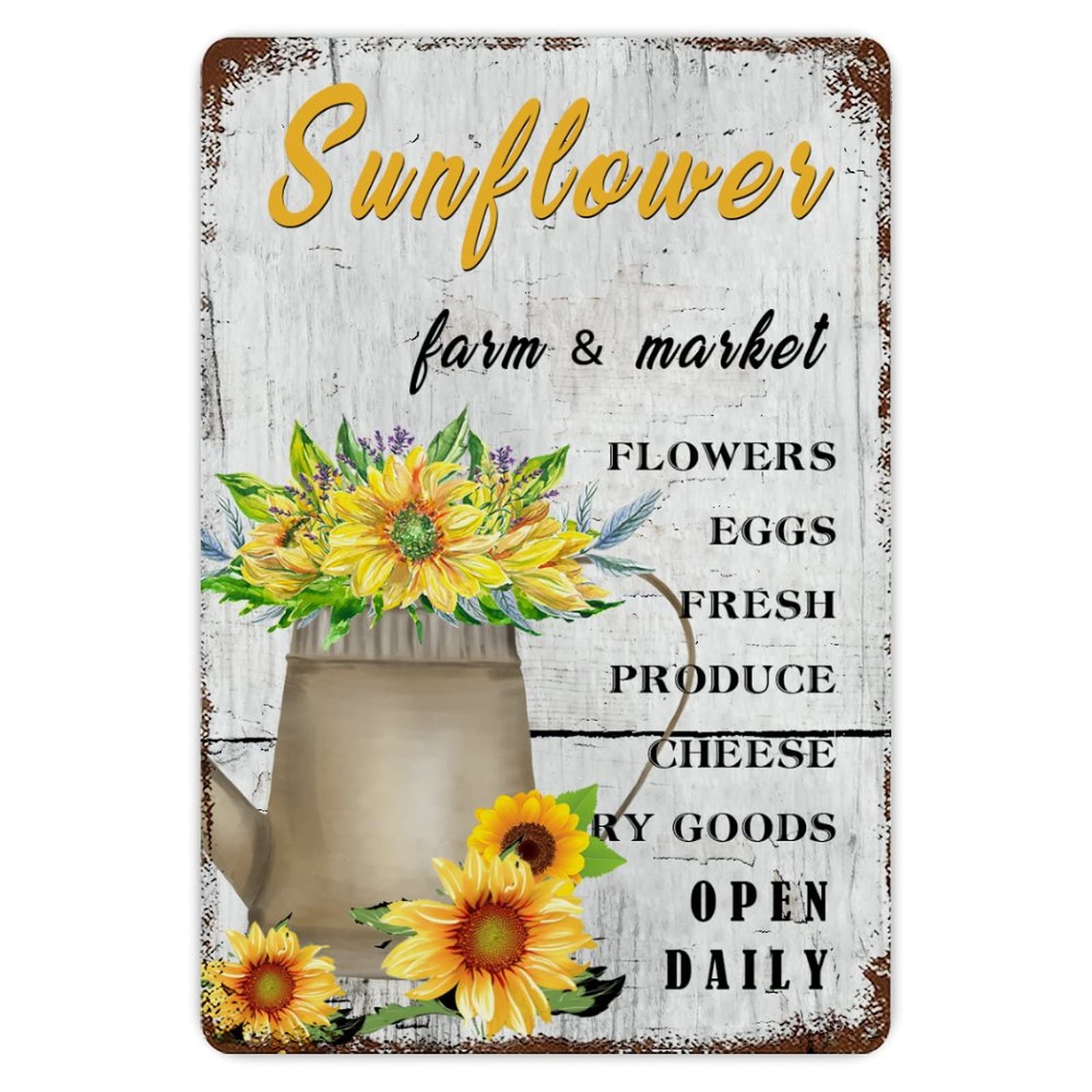 Rustic Aluminum Sign Sunflower Farm & Market, Farmhouse Sunflower Sign Tin Metal Sign Retro Home Kitchen Room Wall Door Hanger Decor Sign 8x12 inch