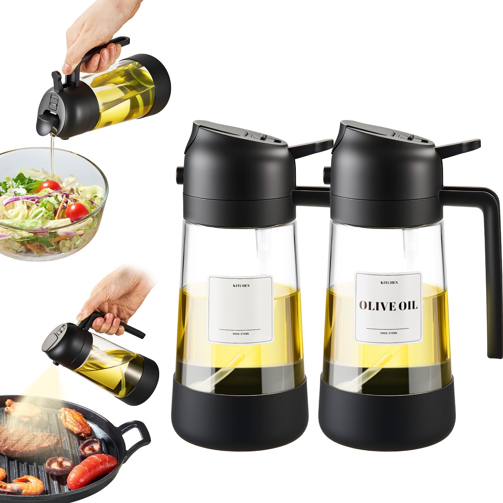 PARACITY Oil Sprayer for Cooking 2 Pack, Glass Dispenser, Black, 16 oz