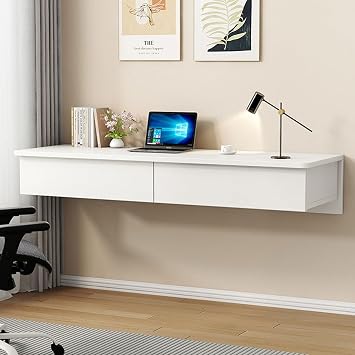 Floating Writing Desk for Bedroom,Hanging Vanity Makeup Table with Drawers,Suspended Desk,Wall Mounted Tables for Bedroom,Living Room,Study,Small SpacesWhite,140x40cm55x16in