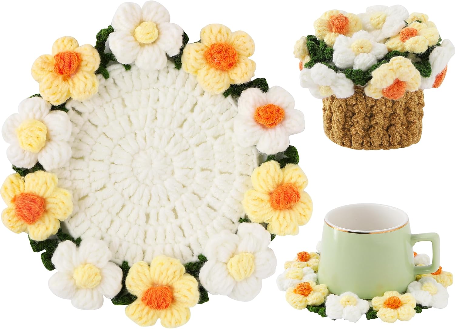 Crochet Flower Coasters, Handmade Bouquet Coasters with Crochet Plant Pot (Light Yellow, 1Pc)