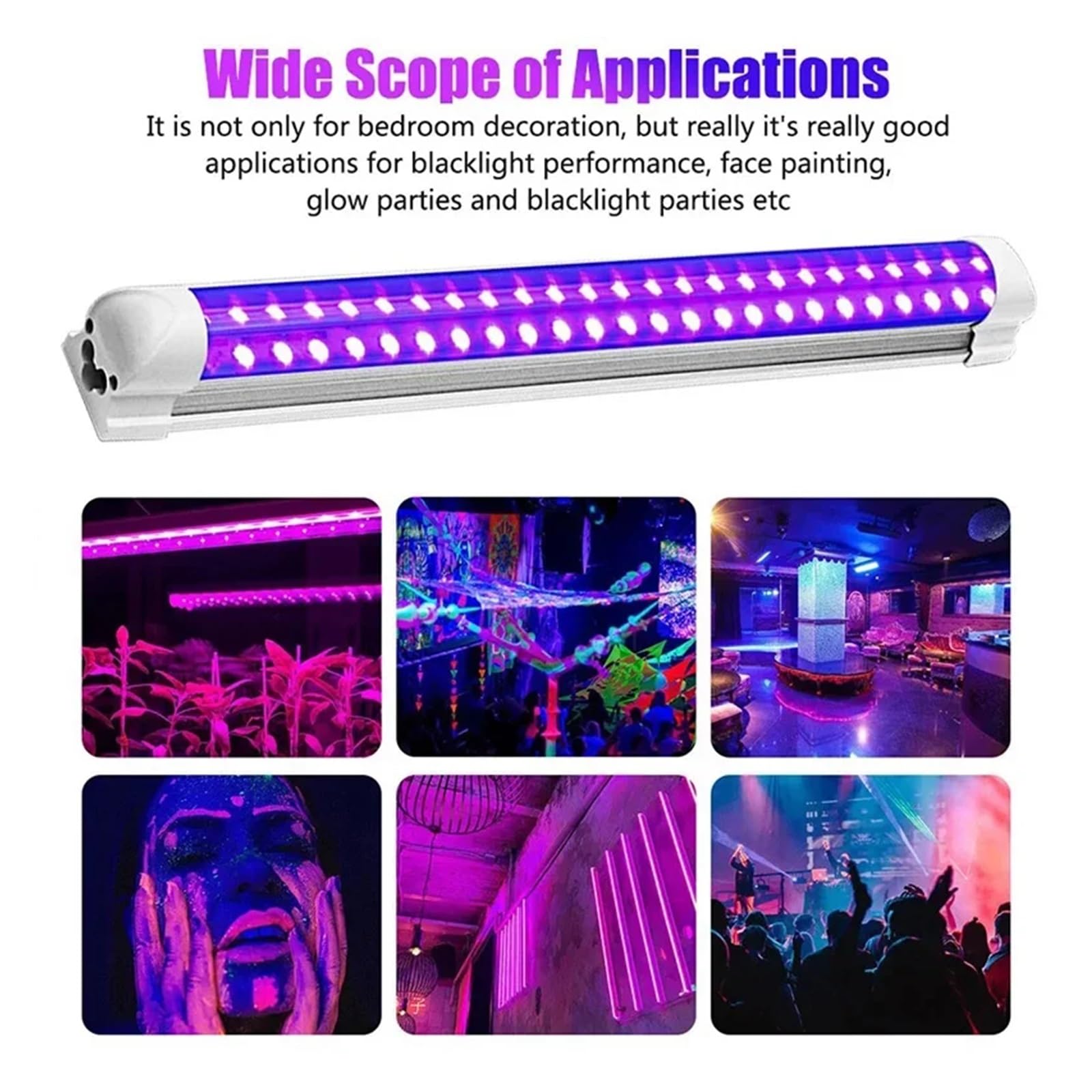 Tubo LED UV fluorescente, lámpara ultravioleta for KTV, Halloween, escenario for fiestas oscuras, correa for DJ, T8 10W USB, Multiuso confiable(UV-Lights- T8-2packs)