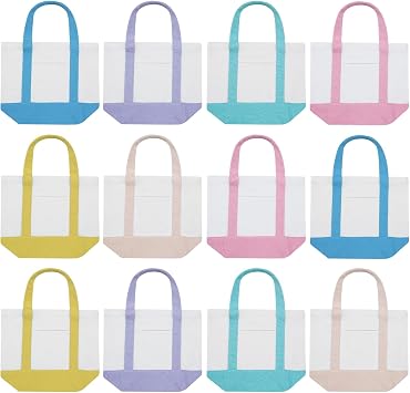 Eccliy 6 Pcs Mini Canvas Tote Bags 13" x 11" x 6" Small Tote Shopping Bag Bulk with Pocket Handle Blank Heavy Duty Reusable Canvas 13" X 11" X 6",Pastel Color