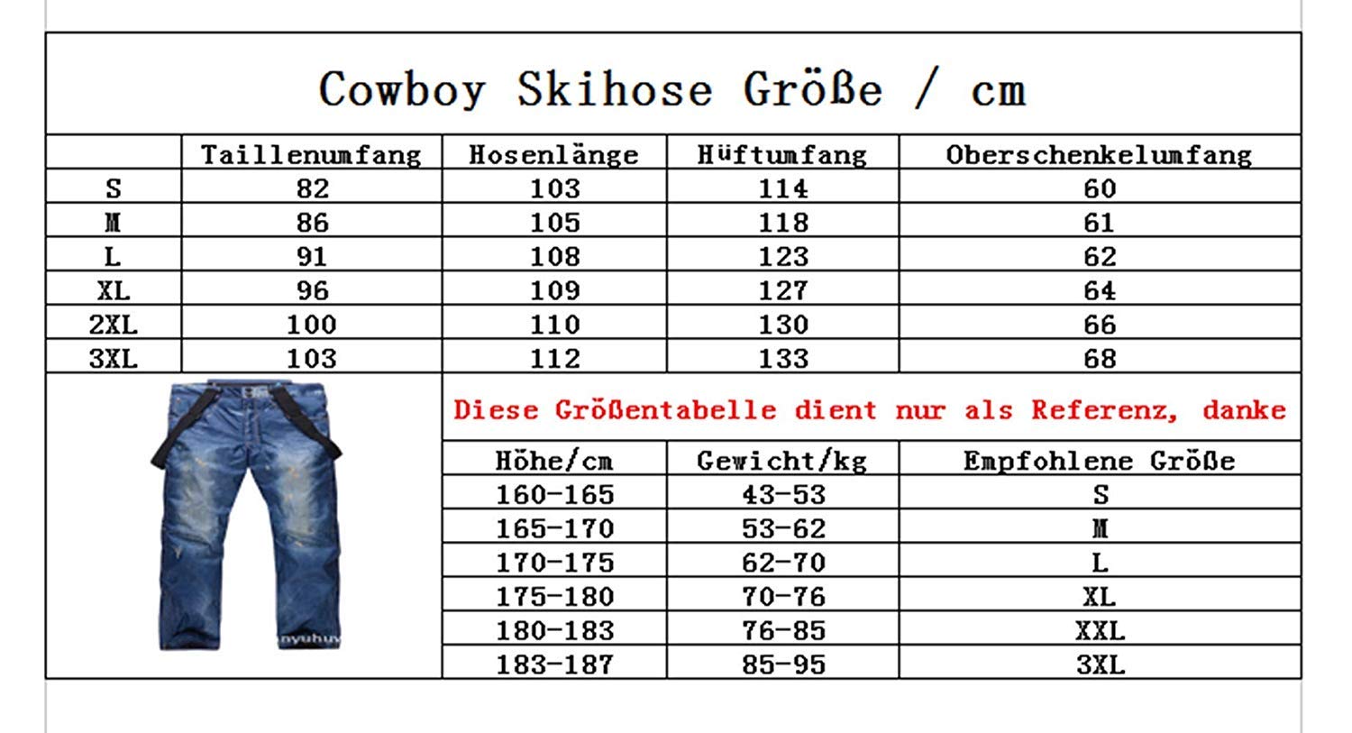 GoodluckShop Denim Bretelle Pantaloni da Sci Casual Jeans da Sci Impermeabile e Traspirante Warm Skiing Pantaloni da Snowboard per Uomini e Donne