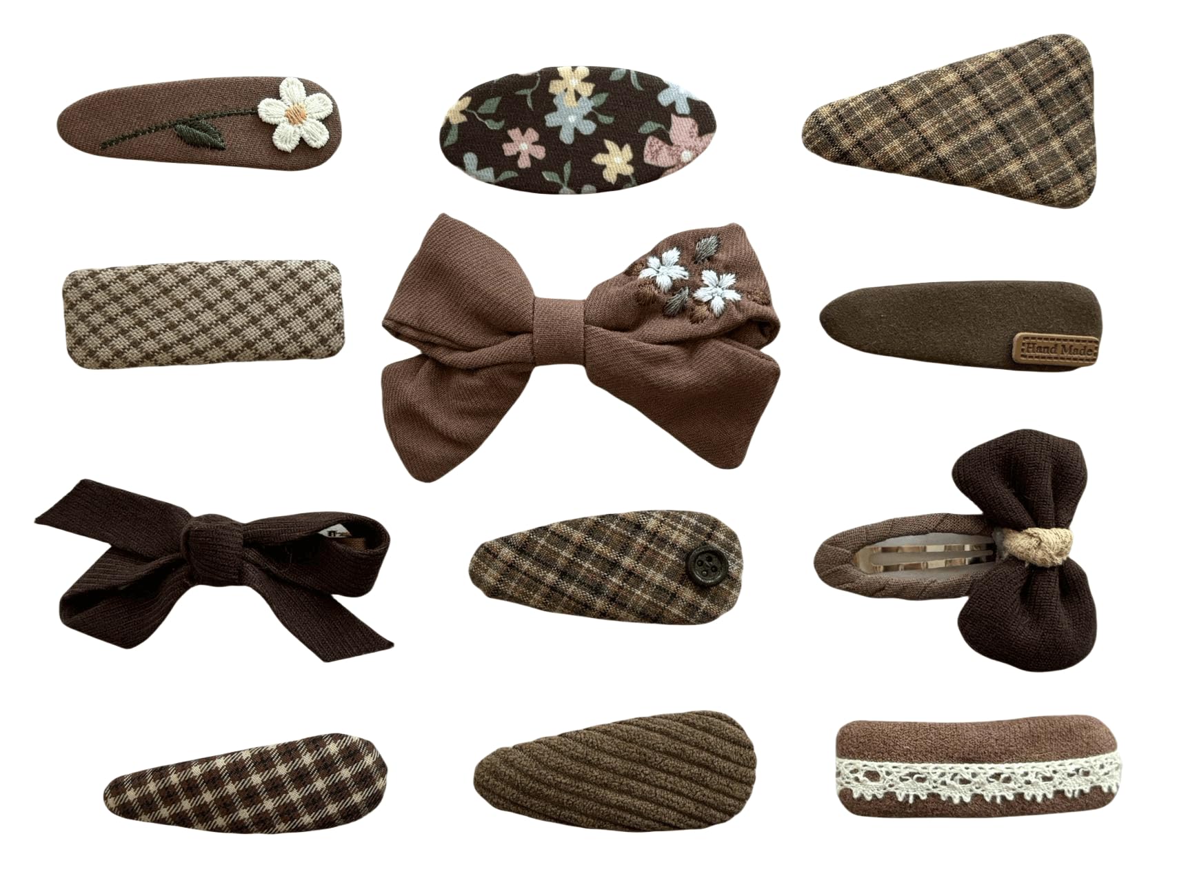 SUPHANLIN 12 PCS Handmade Hair Clips Brown Toddler Hair Clips Barrette Hair Flower, Butterfly, Checkered Pattern Barrettes and Pins, Accessories for Women and Girls Toddlers Baby -Neutral (Brown)