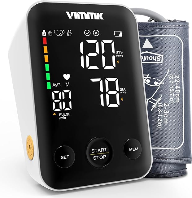 Blood Pressure Monitor Upper Arm, Vimmk Blood Pressure Machines for Home Use with LED Backlight Display Accurate BP Cuff Kit Arrhythmic Pulse & Heart Rate Detection 2x120 Records, Cuff 22-40 cm