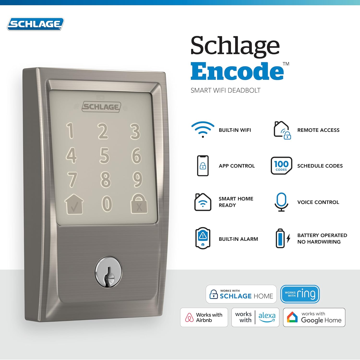 Schlage Encode Smart Wi-Fi Deadbolt Lock with Touchscreen Keypad, Keyless Front Door Entry, App Control, Alexa, Google Home and Airbnb Compatible, Satin Nickel, BE489WB CEN 619
