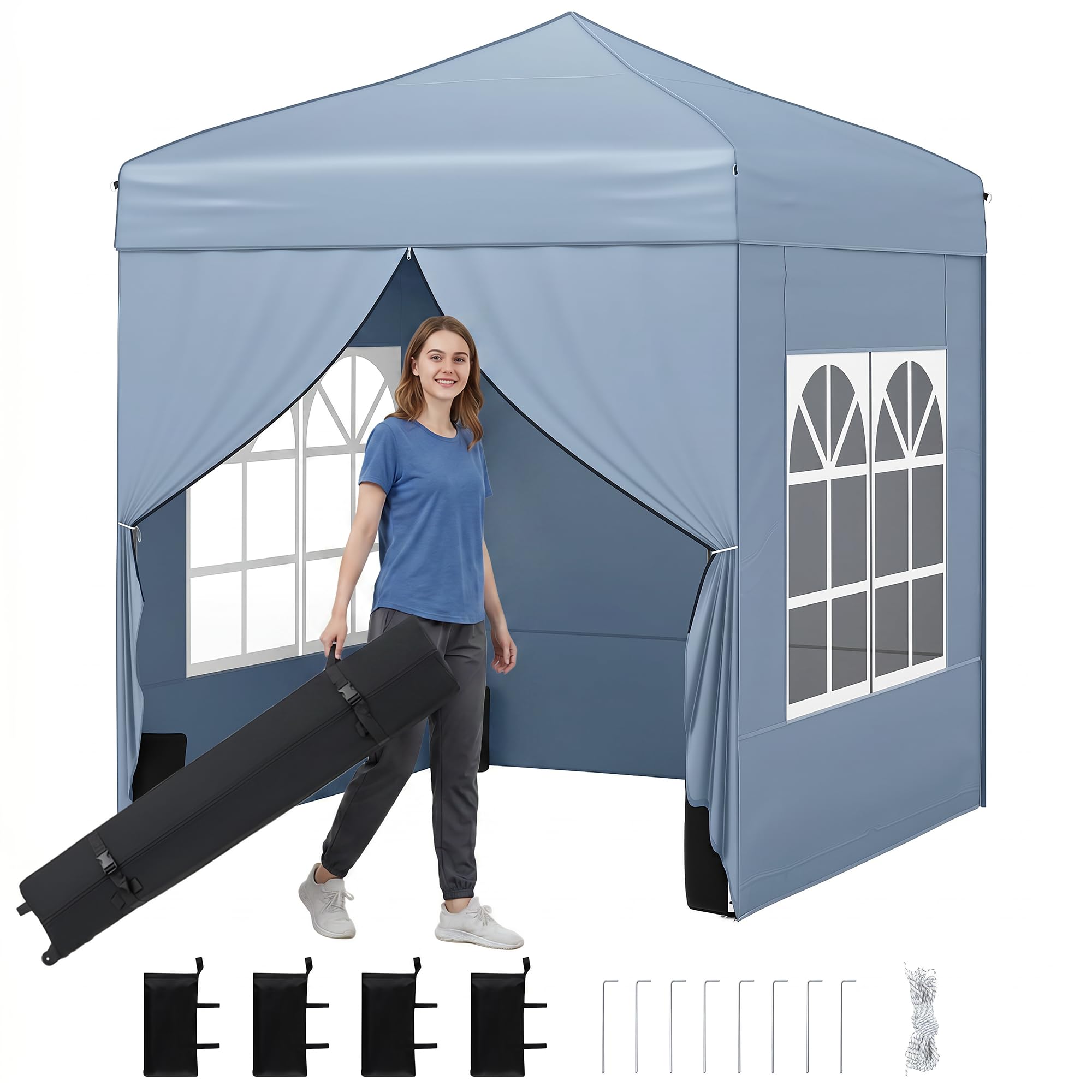 GOPLUS Carpa Plegable de Jardin con 4 Paredes Laterales, 1,94x1,94 M, Cenador Pop-up con Aultra Ajustable, Bolsa de Transporte, 4 Sacros de Arena,para Eventos, Terraza, Exterior (194x194 cm,Gris)