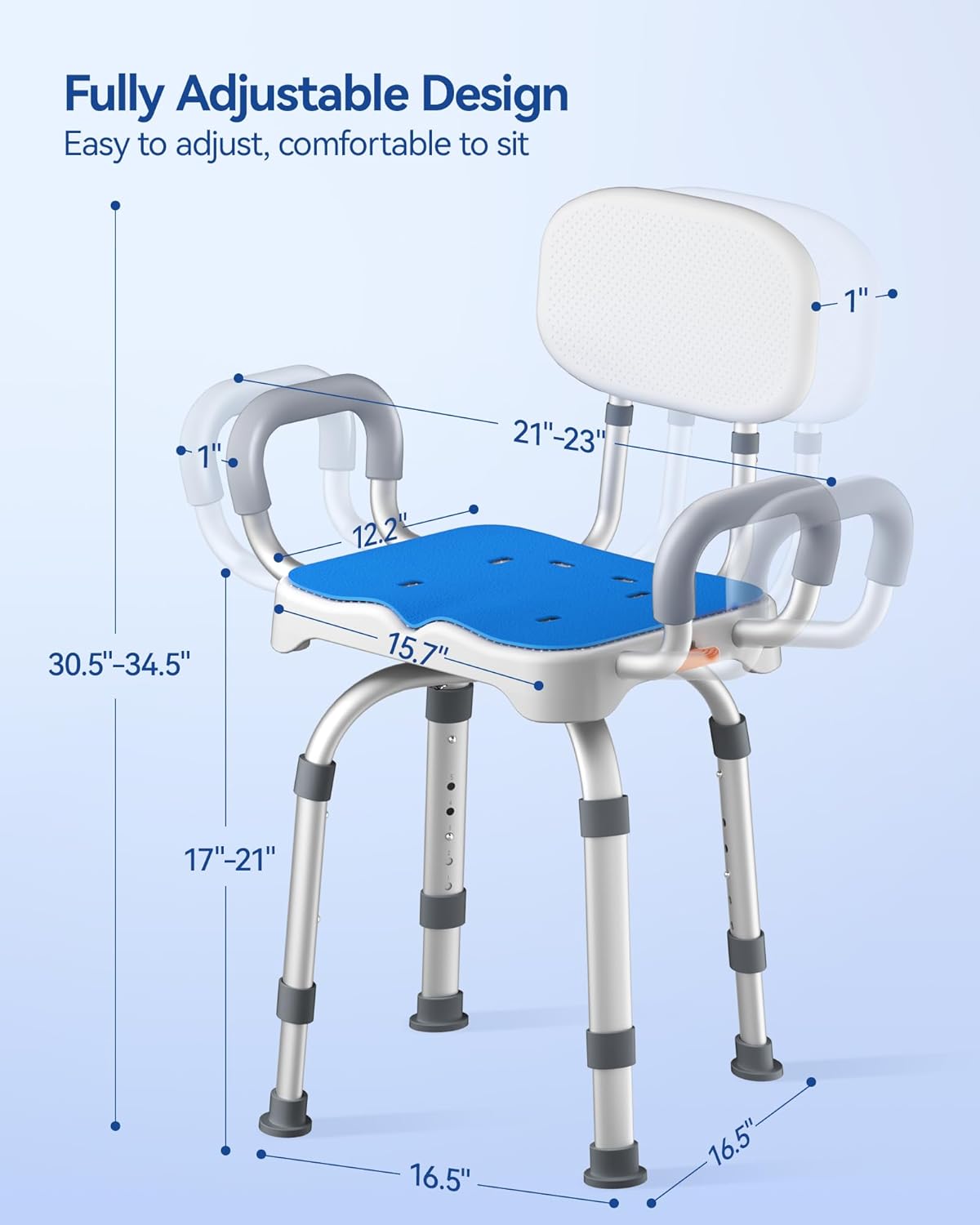 KingPavonini Swivel Shower Chair with Arms and Back, 550 lbs Heavy-Duty Shower Chair for Inside Shower Stall and Tub, Anti-Slip M-Shaped Seat & Height Adjustable Shower Seat for Elderly and Disabled