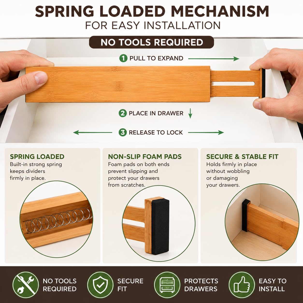 Zollyss Drawer Divider, Bamboo Expandable Drawer Organizers Set of 4, Adjustable Drawer Separators for Kitchen, Dresser, Bedroom & Office, Fits 17-22 Inch Drawers, Natural — Amazon image 3