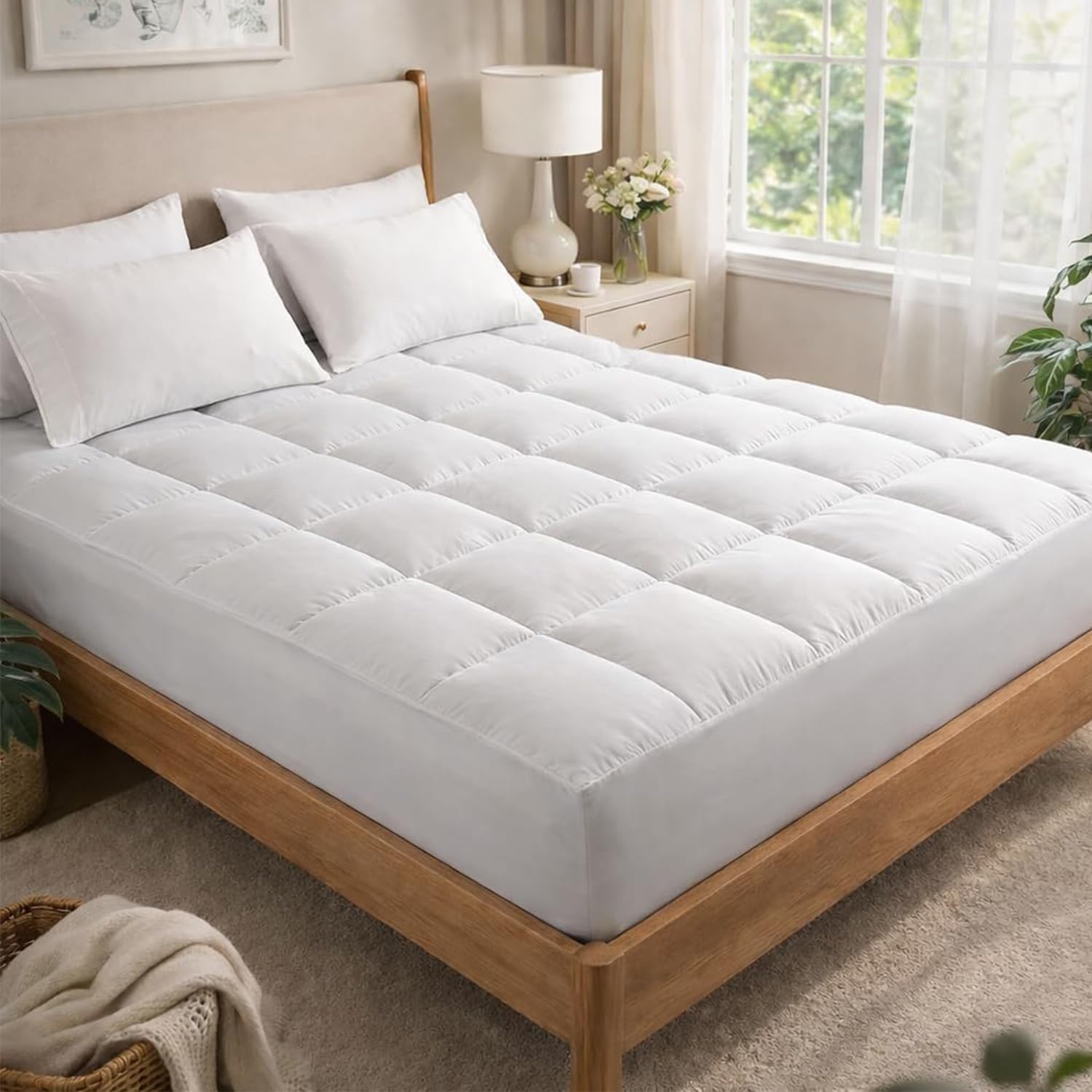 Premium Quilted 1000GSM Extra Thick Mattress Topper King, Overfilled Pillow Top, Ultra Plush Cooling & Breathable, Hotel-Quality Comfort, 8-21" Deep Pocket (White, California King)