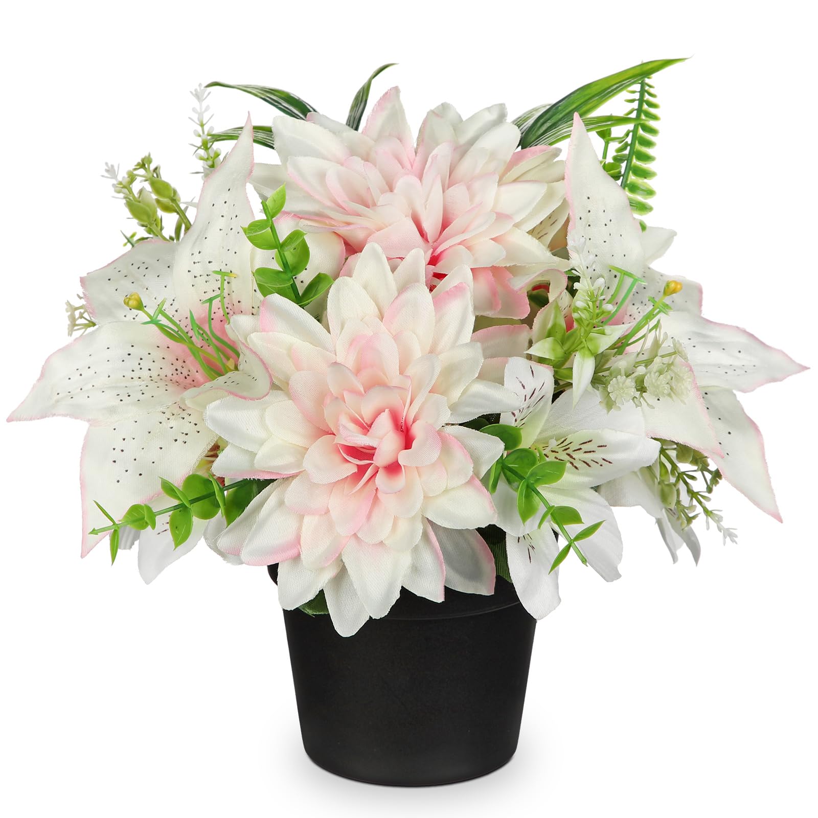 Briful 9.8" Small Artificial Flowers Pink Dahlia White Lilies Silk Flowers in Pot, 25 CM Fake Flower for Decoration Silk Dahlias for Outdoor Indoor Decor