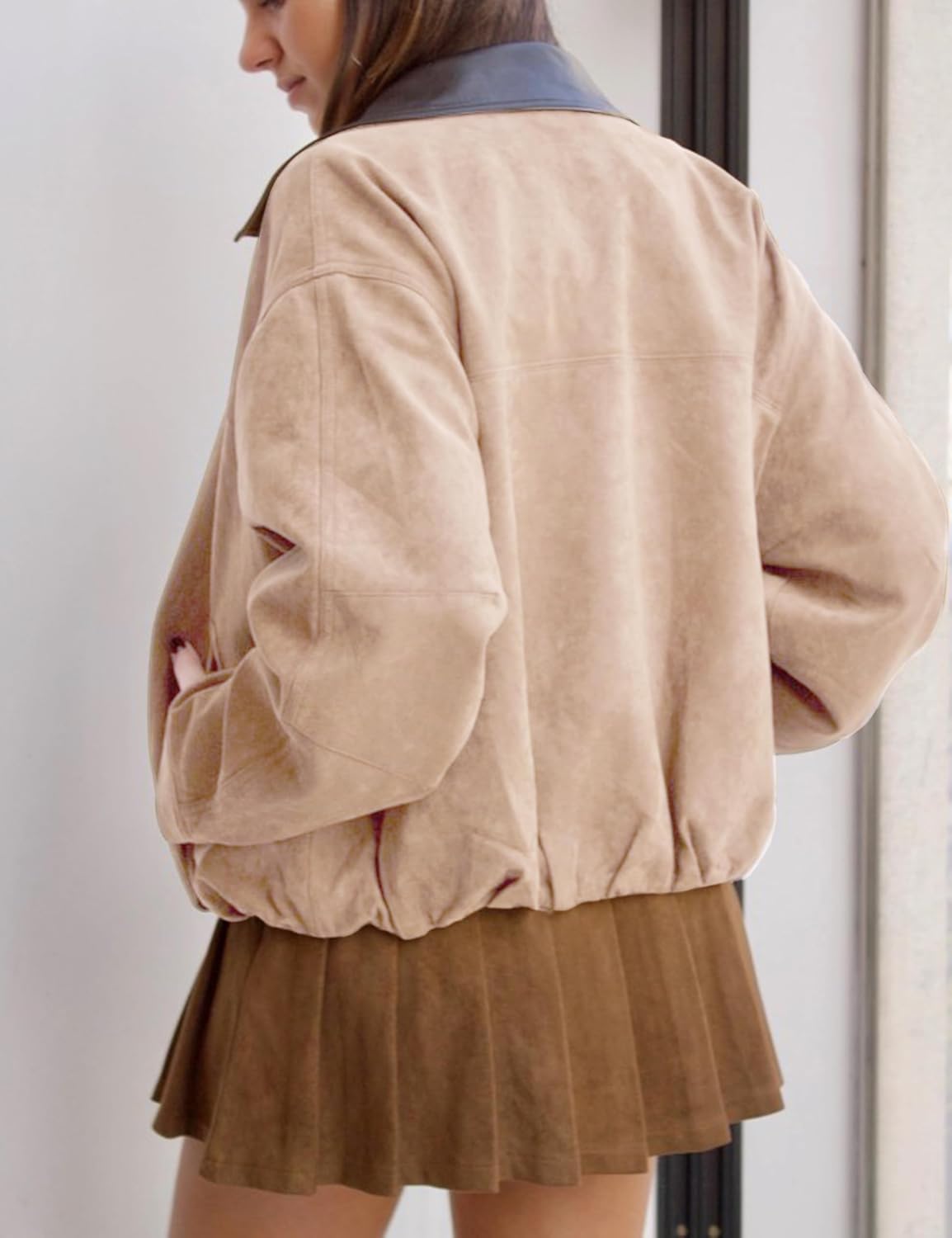 Womens Faux Suede Bomber Jacket Casual Lapel Pilot Cropped Jackets Oversized Motorcycle Zip Up Outerwear Coats - Image 4