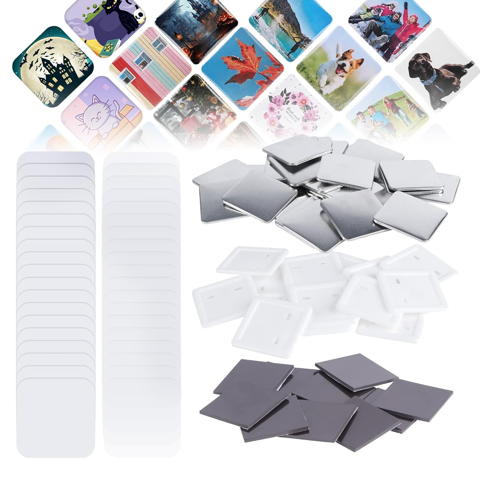50 * 50 Mm Quadratischer Kühlschrankmagnet Maker Macher Machine Kit, 100 Sets Quadrat -knopf -Teile, Einschließlich Metallabdeckung, Plastikabdeckung, Klarer Film, Leerer Papier, Weicher Magnet