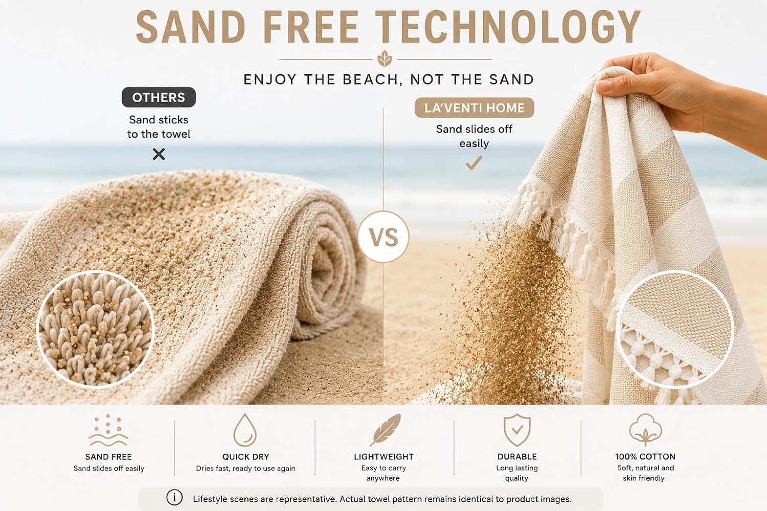 invisible la'venti Home Turkish Beach Towel - Ivory Beige Herringbone Pattern, 100% Turkish Cotton, Sand Free, Oeko-TEX Certified, Quick Dry, Oversized Bath Beach Towel, 39x71 Inch