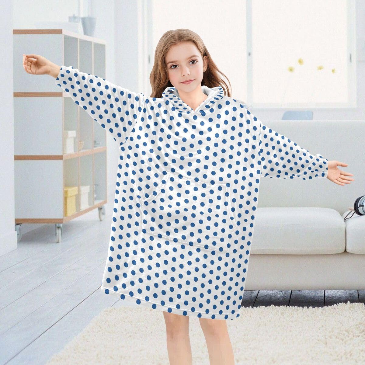 Niebieskie kropki dziecięcy koc do noszenia z kapturem oversize bluza koc sweter geometryczne kropki dla chłopców i dziewcząt w wieku 3-14 lat