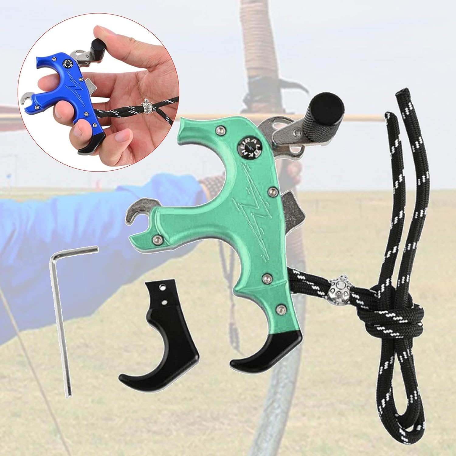 Aluminum Archery Thumb Bow Release Aids, Ergonomic Grip, 3 or 4 Finger, Weight, for Hunting, Beginners, Right and Left Hand, Adjustable, Material - Green