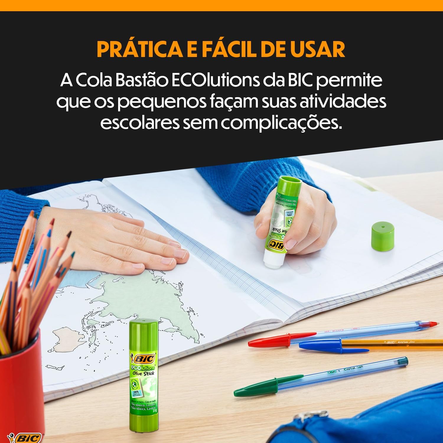 Cola Bastão 8g, BIC ECOlutions Glue Stick, 886640, Transparente, Plástico 100% Reciclado, Não tóxico e seguro para crianças