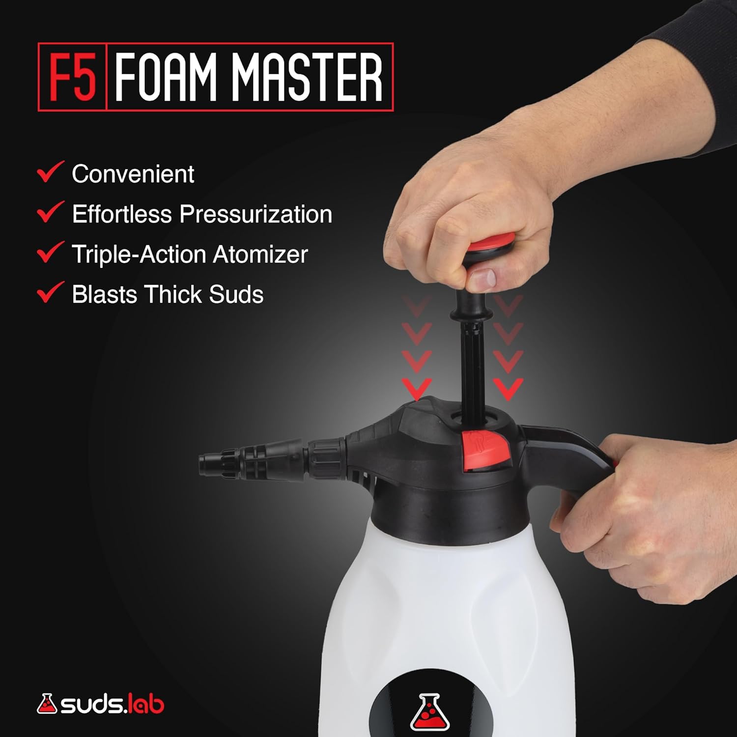Suds Lab F5 Foam Master - Triple-Action Pump Foam Sprayer with 3 Nozzles, Cordless Hand Pump Bottle for Car Wash & Versatile Use - 70 Oz. Portable Detailing Atomizer