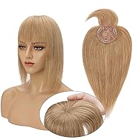 Vista 25 de MY-LADY Base monofónica natural con flequillo, castaño medio, cabello humano 100% real, clip, recto, parte media, 18 pulgadas #4