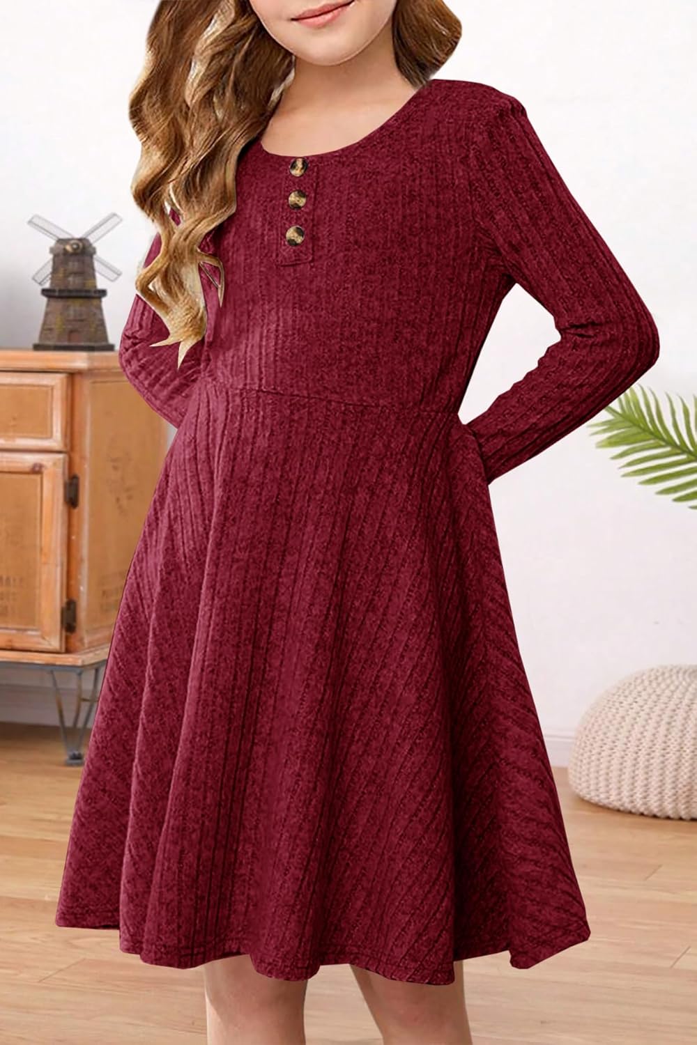 YOVION Girls Fall Long Sleeve Crew Neck Button Down Casual Flared A-Line Ribbed Knit Dress with Pockets for 6-12 Y - Image 2