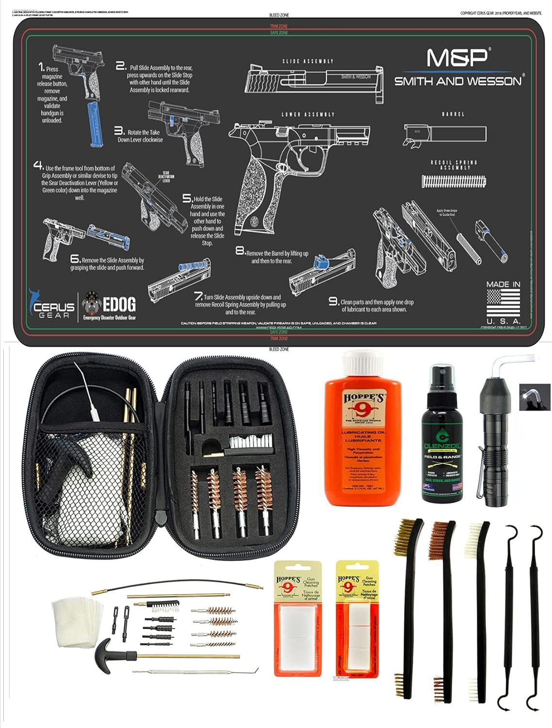 EDOG 29 Pc Pistol Cleaning System - Compatible with M&P - Instructional Step by Step Pistol Mat, Range Warrior Universal .22 9mm - .45 Kit & Clenzoil CLP & Gun Oil & Patchs
