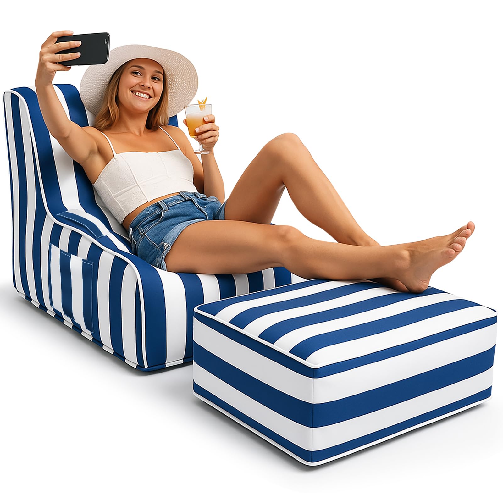 Gemscream Inflatable Accent Chair with Ottoman, Blue and White Stripes