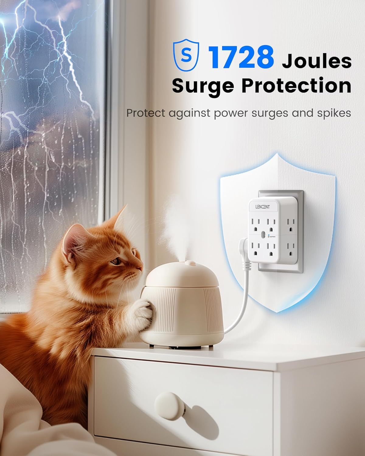 LENCENT 2 Prong Power Strip, 3 to 2 Prong Outlet Adapter, Surge Protector, Polarized Plug, 3-Sided Widely Spaced Extender, Compact Wall Plug Splitter Tap for Non-Grounded Outlets in Old House 2 Pack