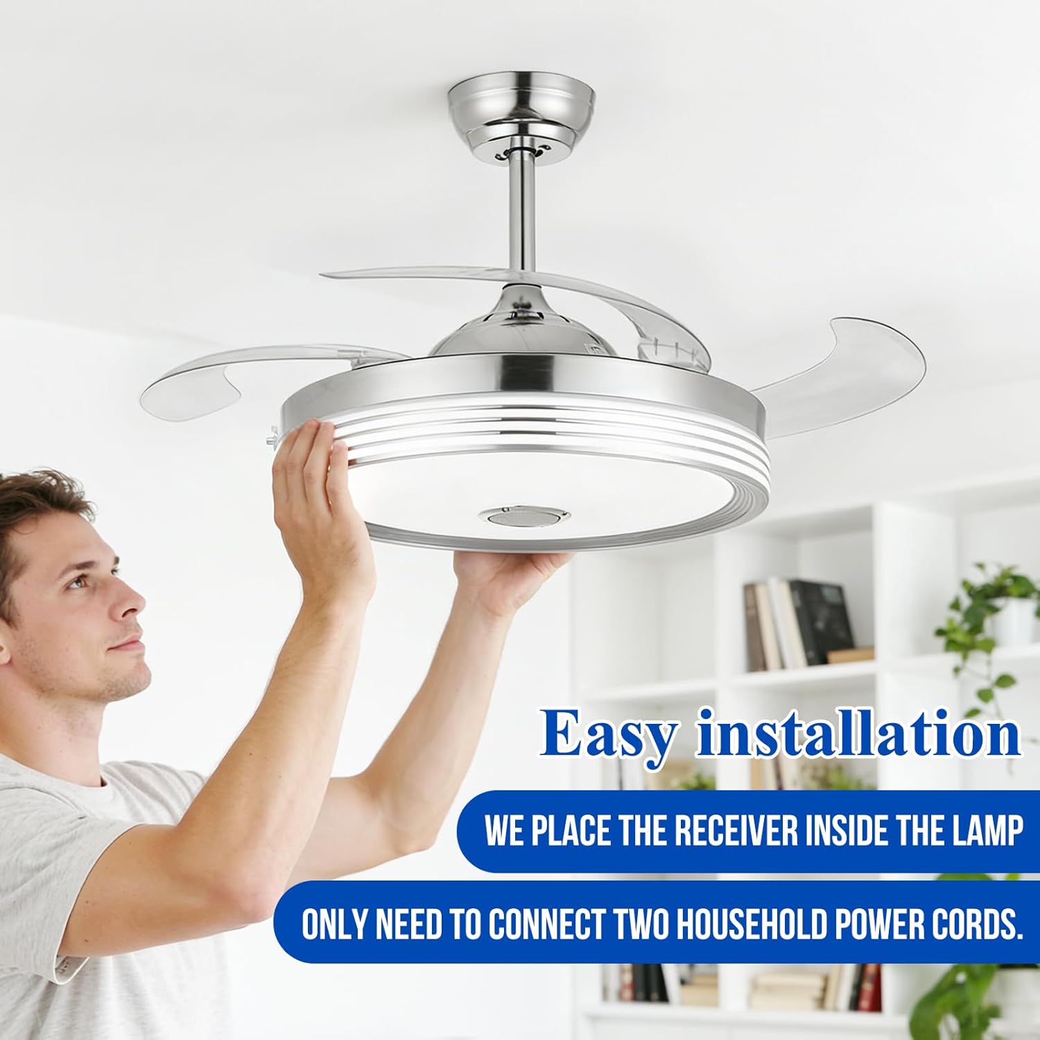 42 inch Retractable Ceiling Fan with Lights and Remote Control, 6Speed Dimmable Fandelier, Modern Smart Ceiling Fan Light with Bluetooth Speaker, RGB Color Reversible Bedroom Living Room