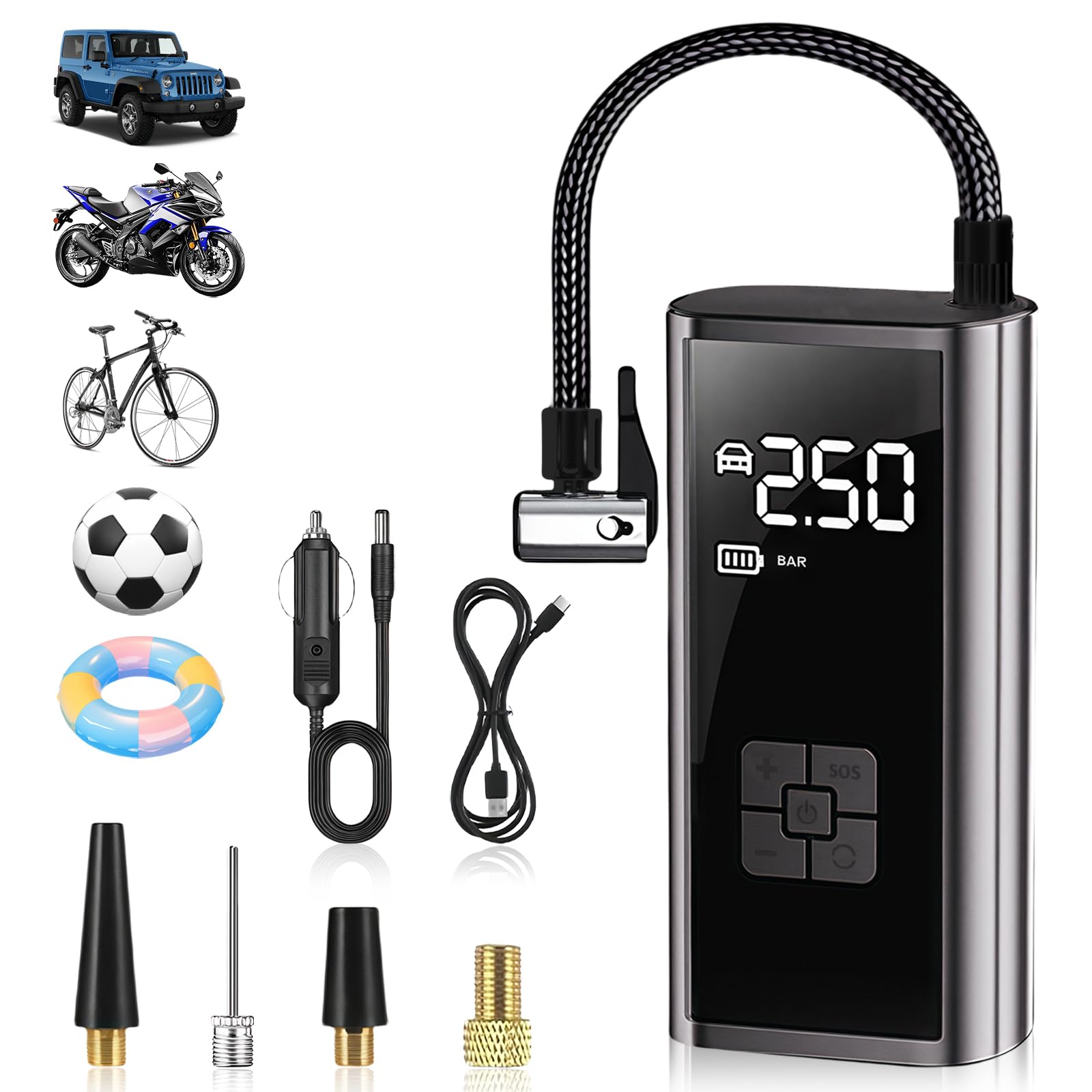 flintronic Compressore Aria Portatile Auto Senza Fili, Batteria Ricaricabile USB 12 V, Compressore ad Aria Portatile, Fino a 150 psi, Luce Led Integrata, 4 Adattatori per Ugelli, Adatta per Auto,Moto