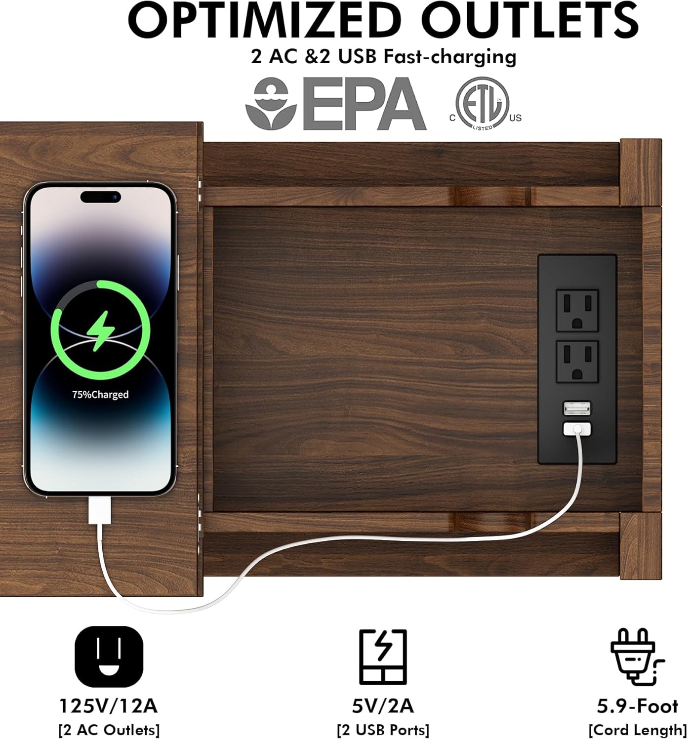 Awescuti Narrow End Table with Charging Station - Farmhouse Slim Side Table Set of 2, w/USB Ports Power Outlets, Nightstand w/Flip Top Storage Drawer, for Small Spaces Living Room Bedroom, Walnut