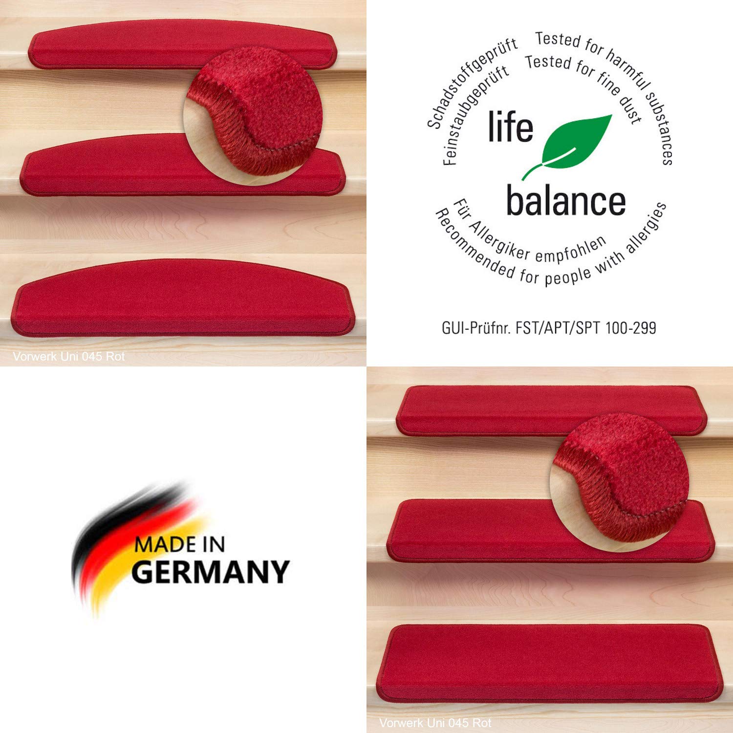 Metzker Stufenmatten Uni Veloursteppich - Sparset Rot 15 Stück Halbrund