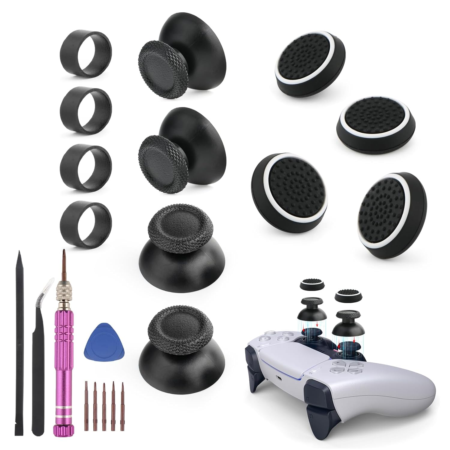 4 PCS Thumbsticks Replacement for PS5 Thumbstick for PlayStation 5 Analog Stick Controller Accessories with Thumb Grips Repair Tools Display