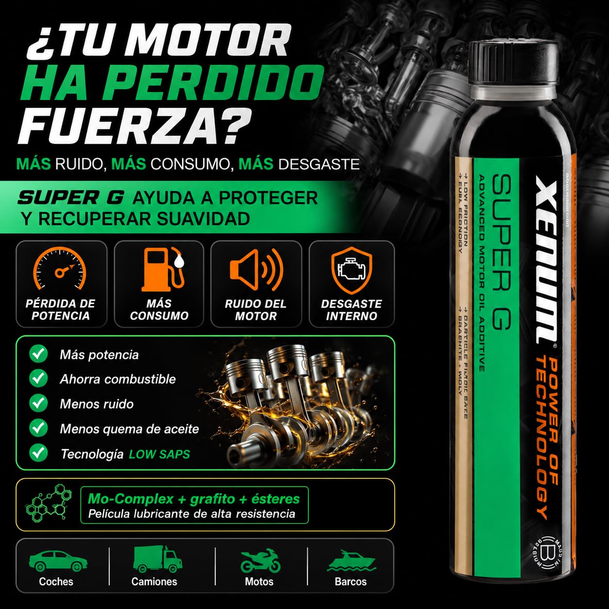 Genérico Xenum Super G Aditivo para Aceite de Motor 300 ml | Refuerzo de Grafito, Molibdeno y Ésteres | Reduce Fricción, Ruido y Desgaste | Compatible Diésel y Gasolina | Coches, Motos y Camiones