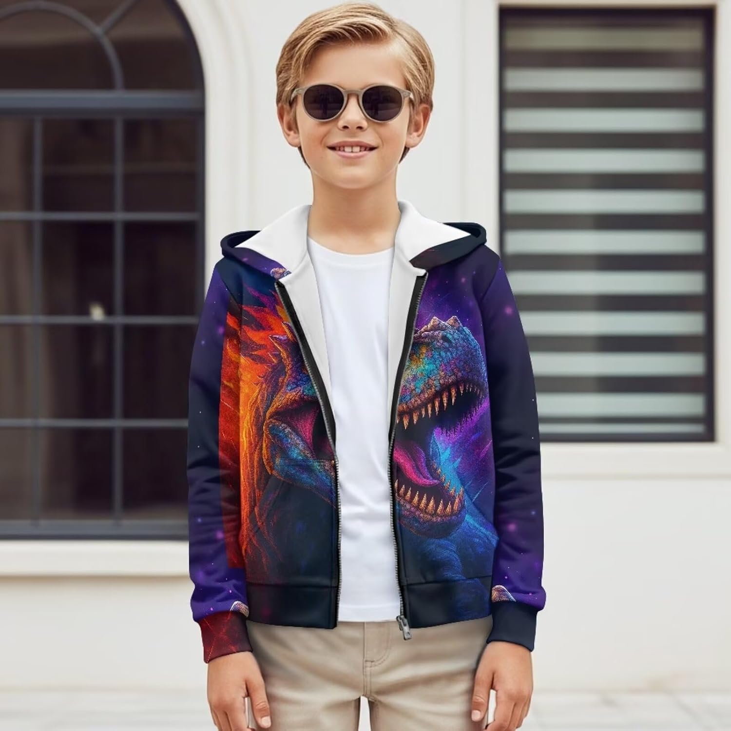 Dinosaur Theme Boys Zip Up Hoodie Comfy Long Sleeve with Pockets Casual Kid Hooded Sweatshirts 8-16 Years