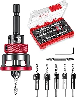 9 PCS Countersink Drill Bits Set, 5PCS Two-Flute TCT Alloy Tapered Drill Bits and Adjustable Depth Stop Collar, Wood Countersink Bit with Wrench for 82 Degree Woodworking, Plywood and MDF DIY