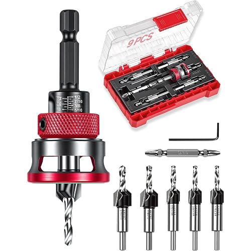 9 PCS Countersink Drill Bits Set, 5PCS Two-Flute TCT Alloy Tapered Drill Bits and Adjustable Depth Stop Collar, Wood Countersink Bit with Wrench for 82 Degree Woodworking, Plywood and MDF DIY