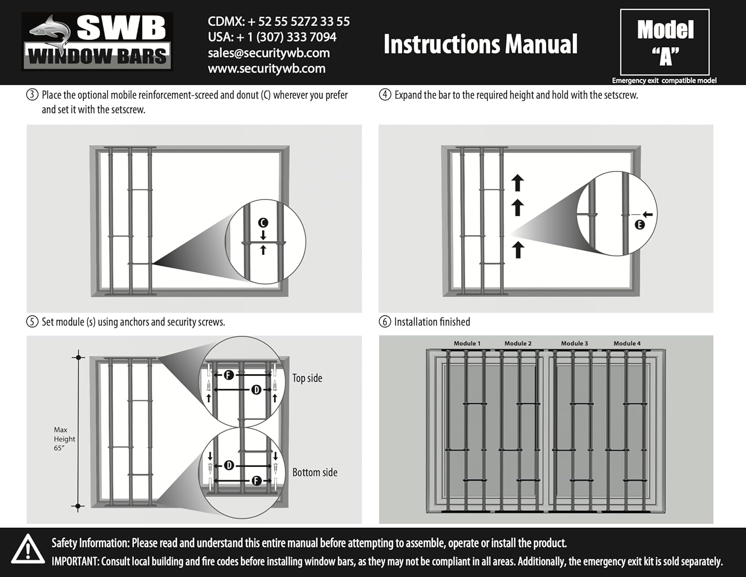 Window Bars - SWB | Adaptable Security Bars for Windows | Model A | Easy and Quick Installation | Adjustable Window protections | Modular System, Price is per 1 Module (Image Shows 3 modules).