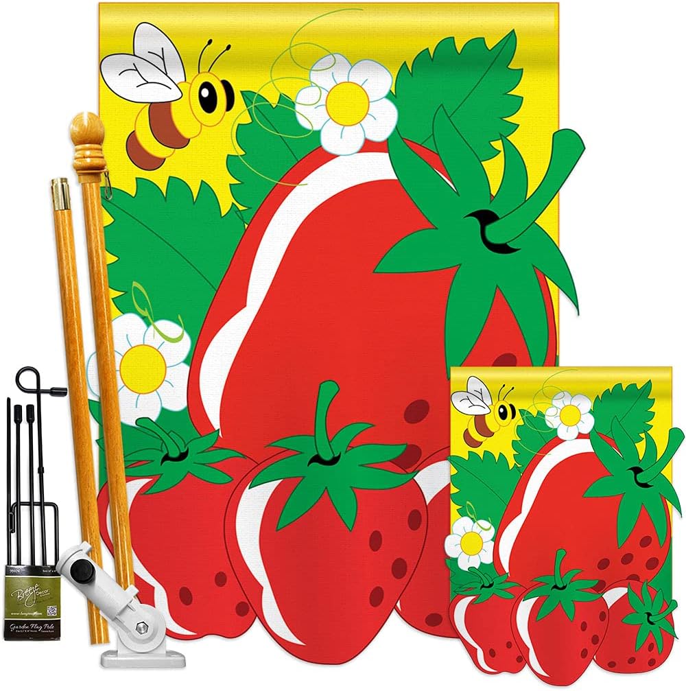 Two Group Garden House Flag Kit Food Fruits Pineapple Strawberry Apple Watermelon Tropical Aloha Summer Decoration Banner Small Yard Gift Double-Sided, House & Garden Set w/Flagpole, Imported
